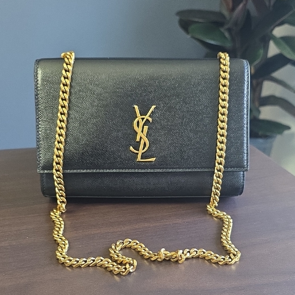 Saint Laurent Black Leather with Gold Chain.Kate medium embossed-leath